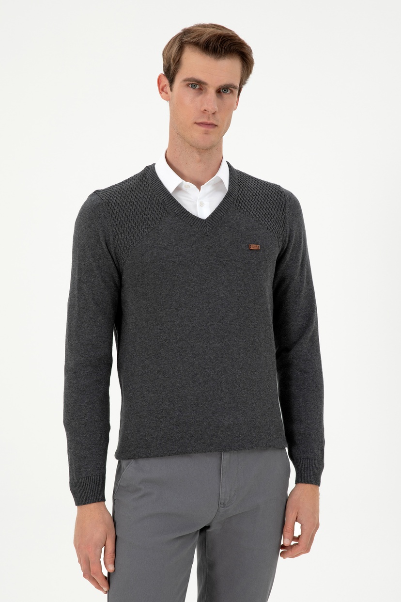 Erkek Slim Fit V Yaka Antrasit Melanj Kazak
