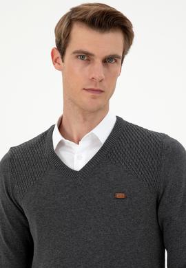 Erkek Slim Fit V Yaka Antrasit Melanj Kazak - 50297063015