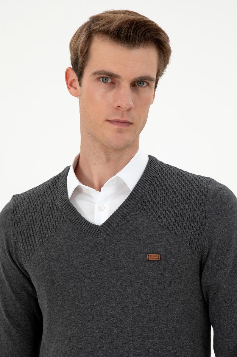 Erkek Slim Fit V Yaka Antrasit Melanj Kazak