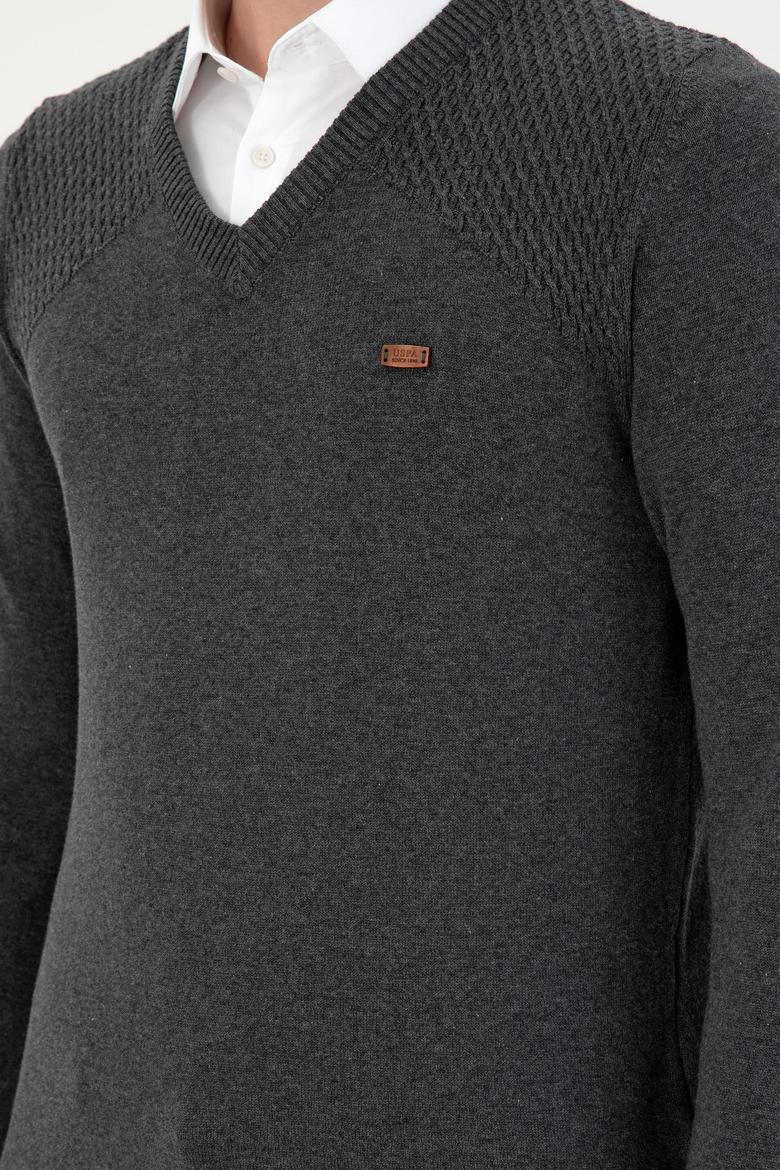 Erkek Slim Fit V Yaka Antrasit Melanj Kazak - 50297063015