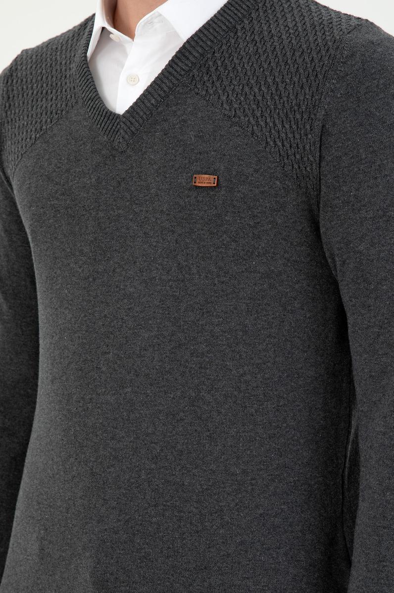 Erkek Slim Fit V Yaka Antrasit Melanj Kazak