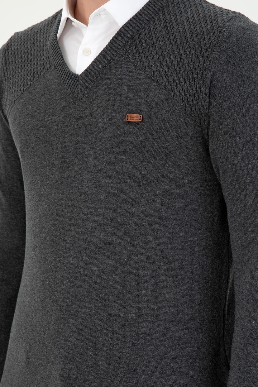 Erkek Slim Fit V Yaka Antrasit Melanj Kazak