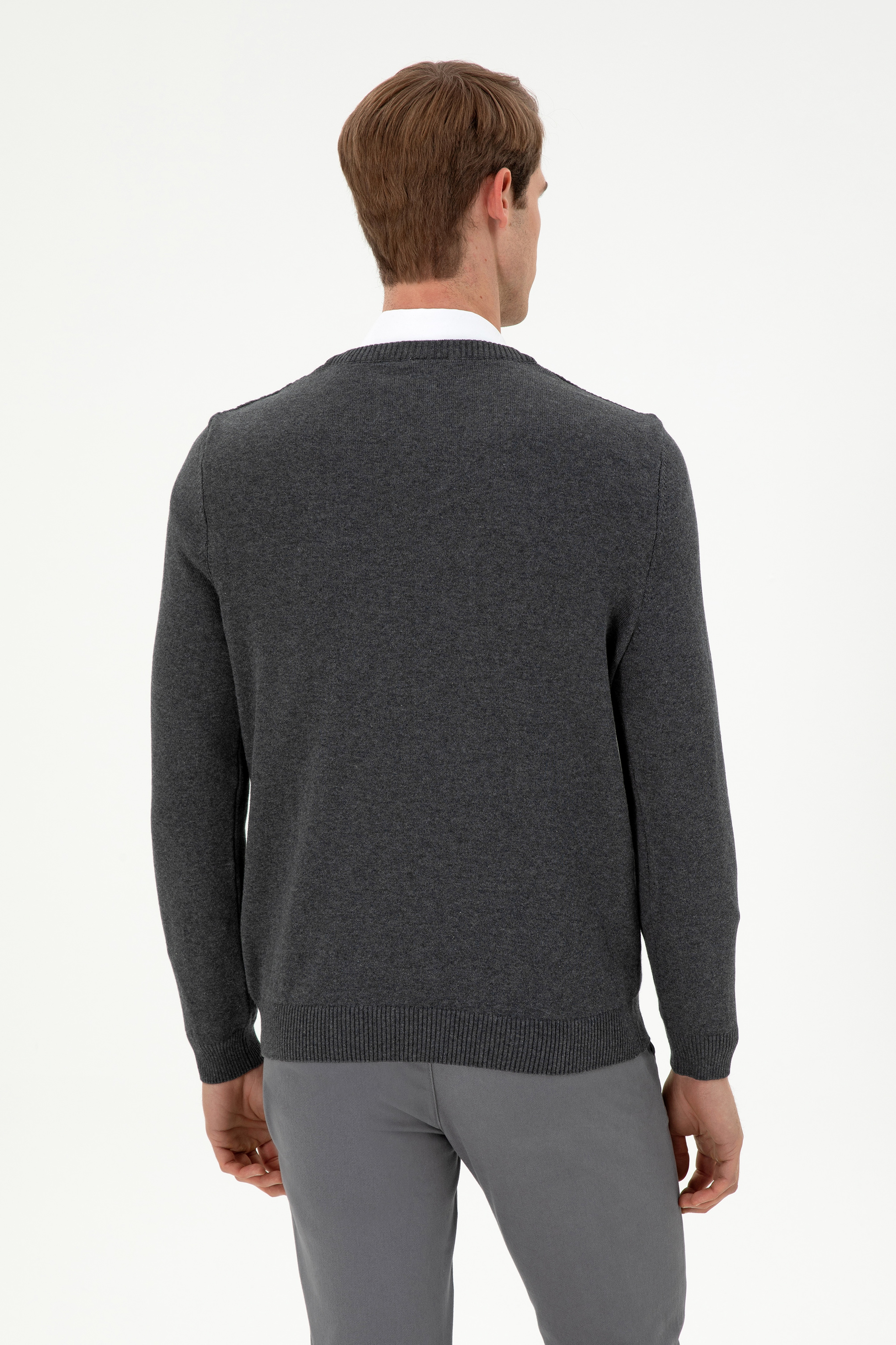 Erkek Slim Fit V Yaka Antrasit Melanj Kazak