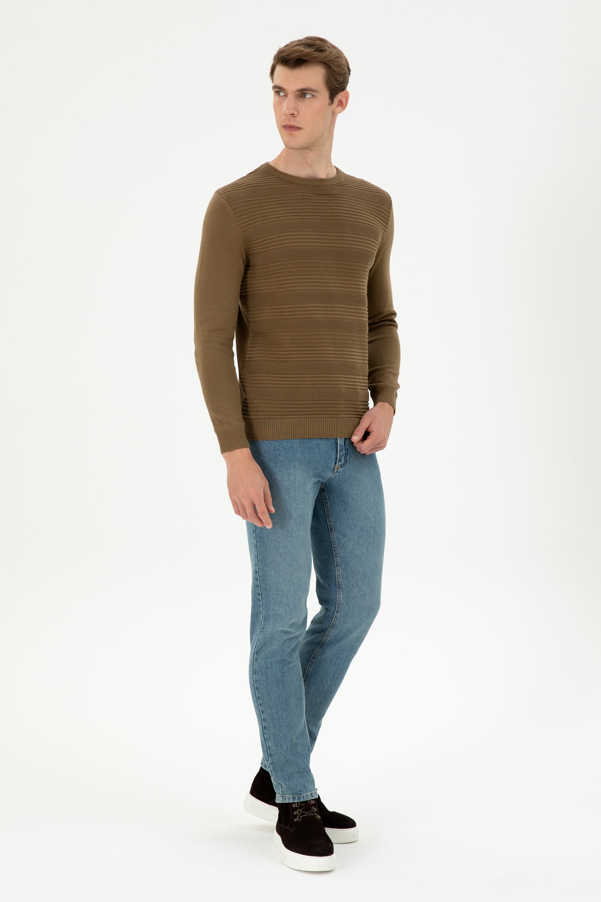Erkek Slim Fit Bisiklet Yaka Haki Kazak - Image 4