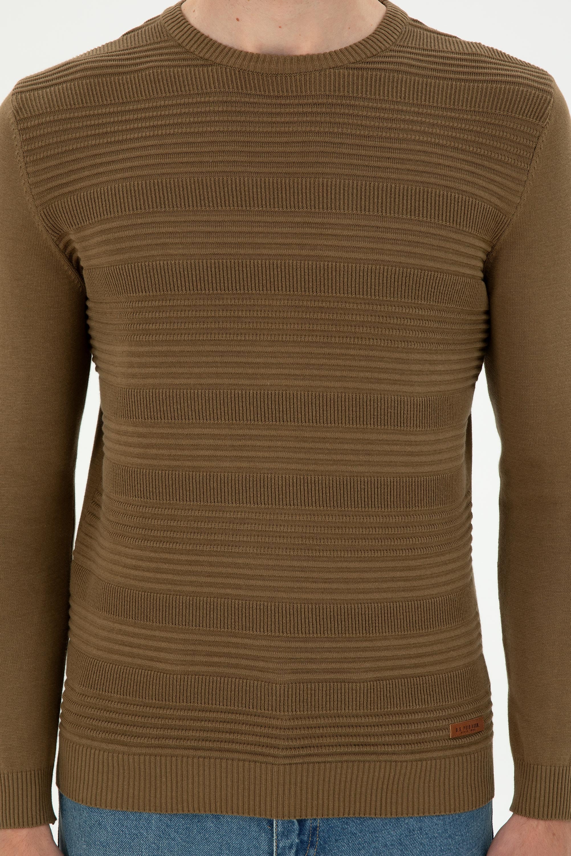 Erkek Slim Fit Bisiklet Yaka Haki Kazak - Image 6