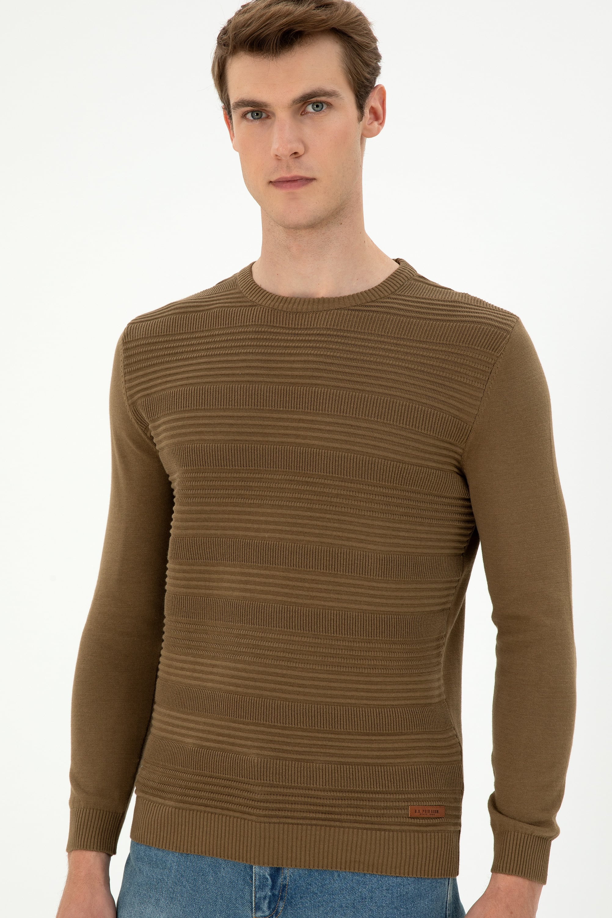 Erkek Slim Fit Bisiklet Yaka Haki Kazak