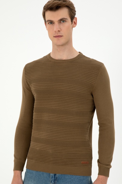 Erkek Slim Fit Bisiklet Yaka Haki Kazak
