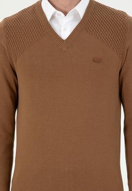 Erkek Slim Fit V Yaka Haki Melanj Kazak - 50297063027