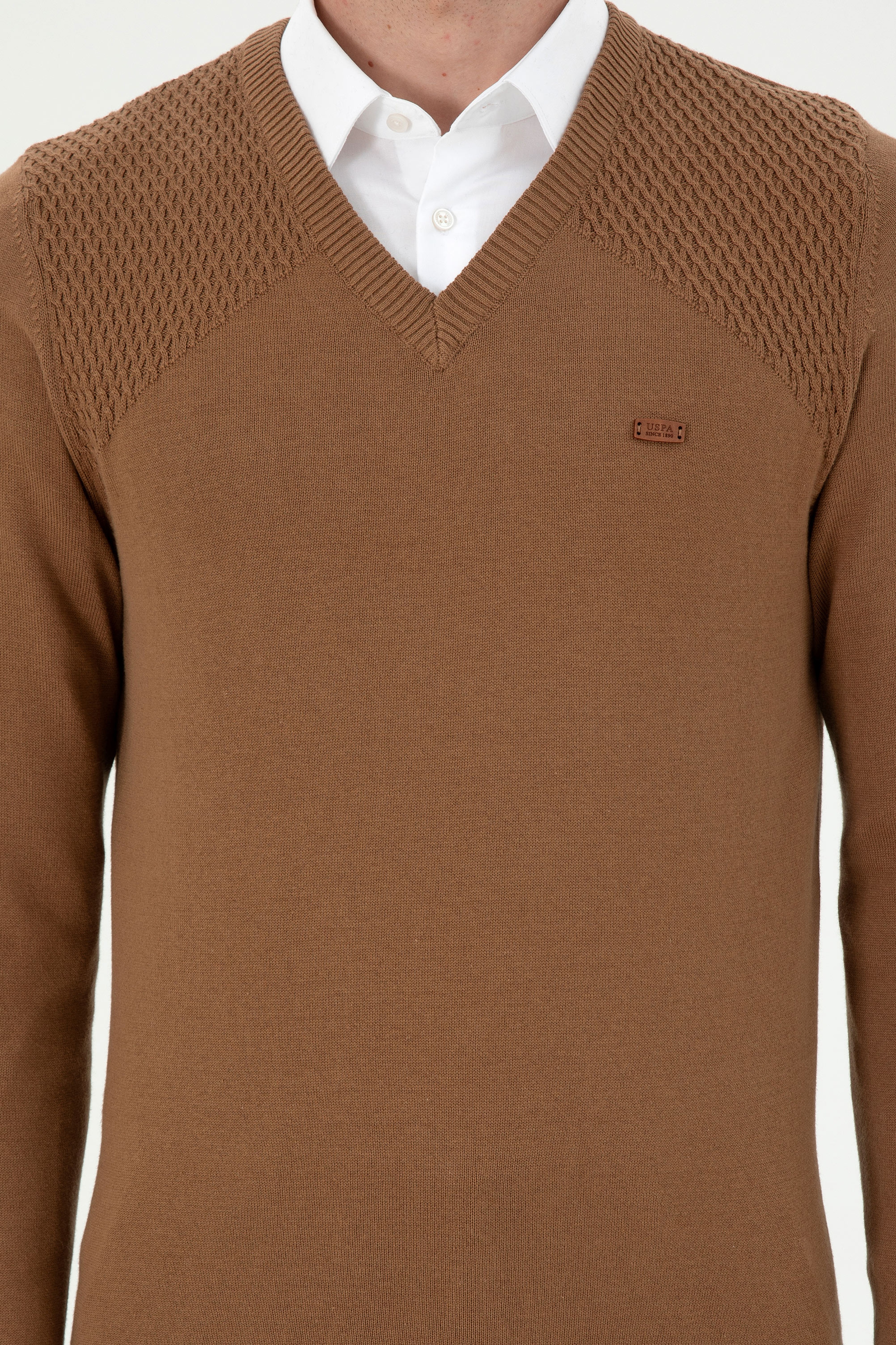 Erkek Slim Fit V Yaka Haki Melanj Kazak