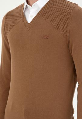 Erkek Slim Fit V Yaka Haki Melanj Kazak - 50297063027