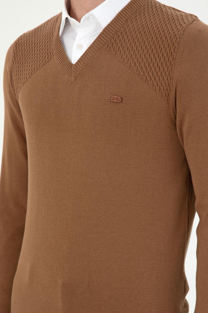 Erkek Slim Fit V Yaka Haki Melanj Kazak