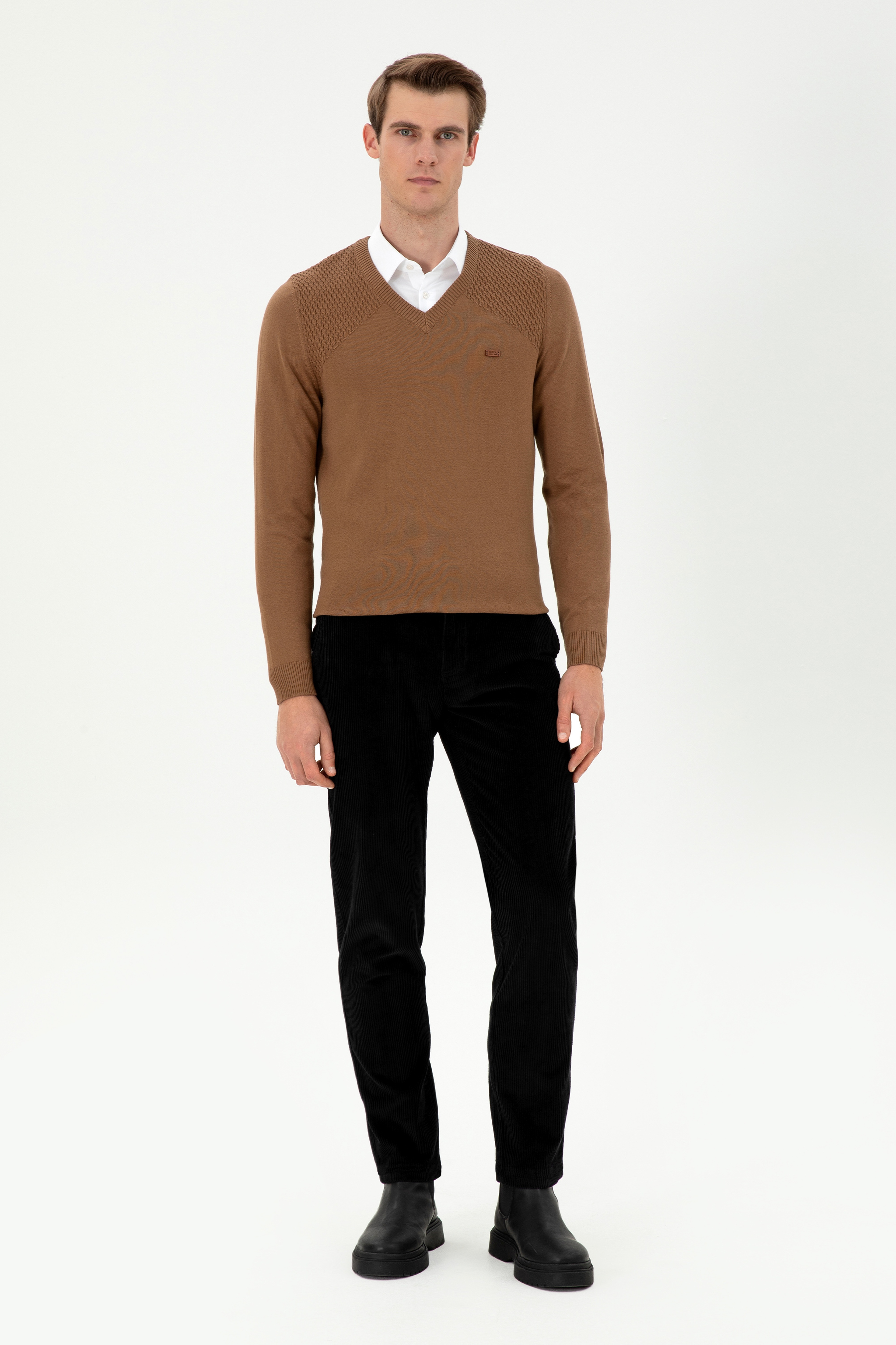 Erkek Slim Fit V Yaka Haki Melanj Kazak