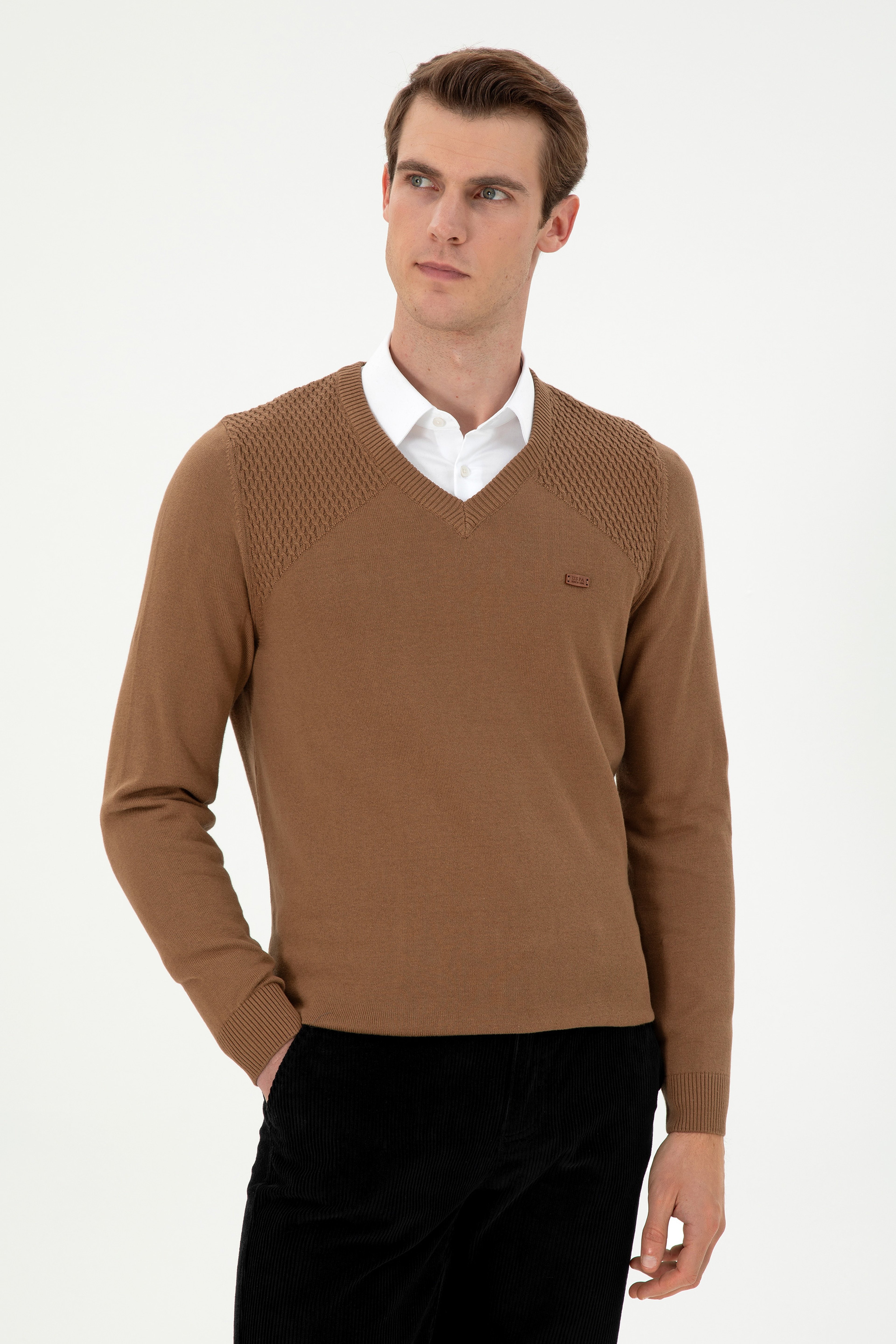 Erkek Slim Fit V Yaka Haki Melanj Kazak