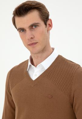 Erkek Slim Fit V Yaka Haki Melanj Kazak - 50297063027