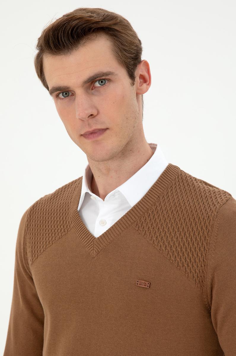 Erkek Slim Fit V Yaka Haki Melanj Kazak