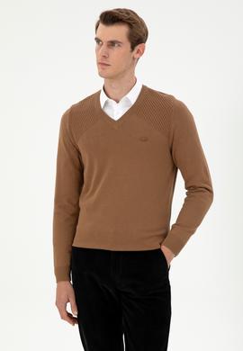 Erkek Slim Fit V Yaka Haki Melanj Kazak - 50297063027