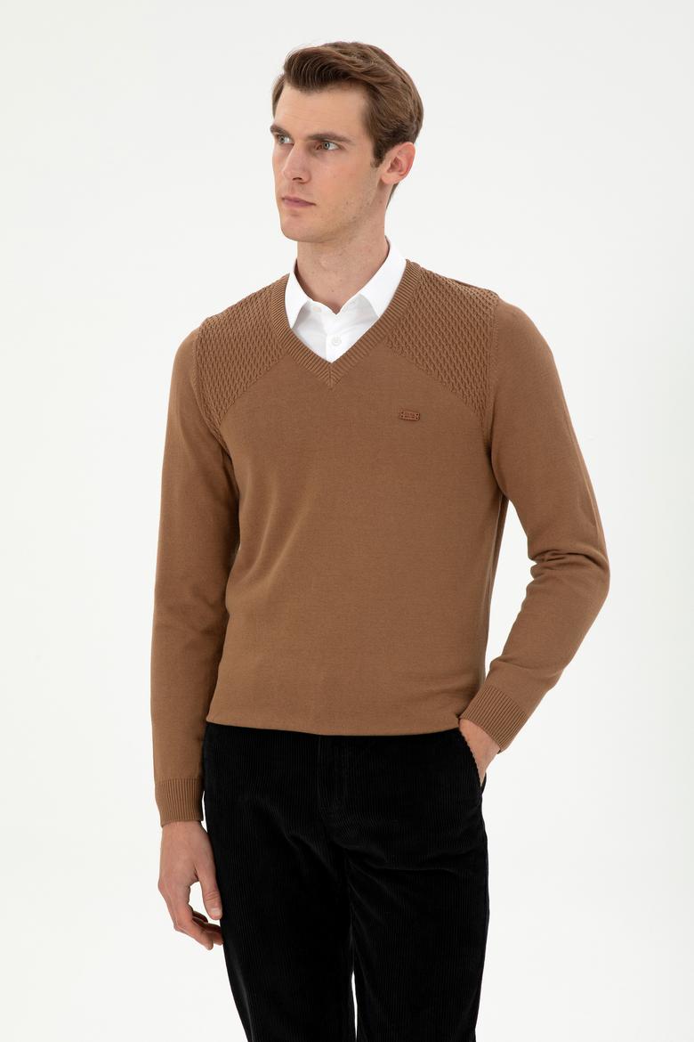 Erkek Slim Fit V Yaka Haki Melanj Kazak