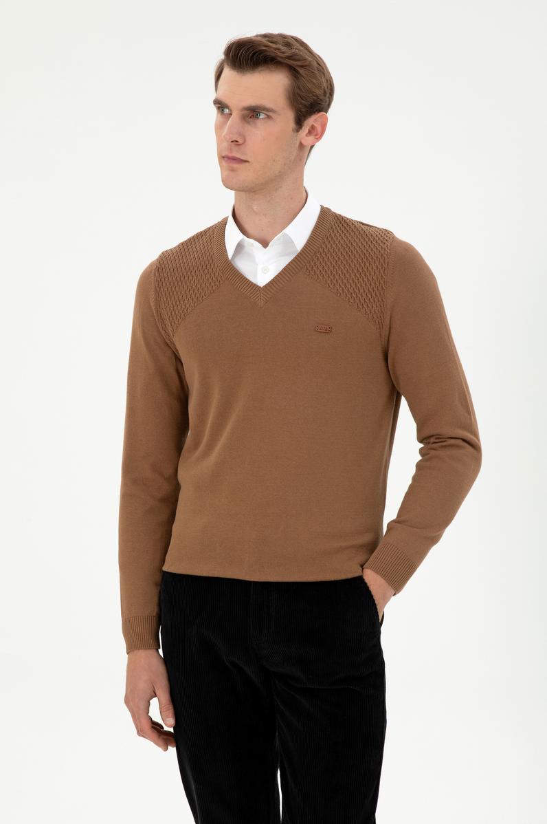 Erkek Slim Fit V Yaka Haki Melanj Kazak