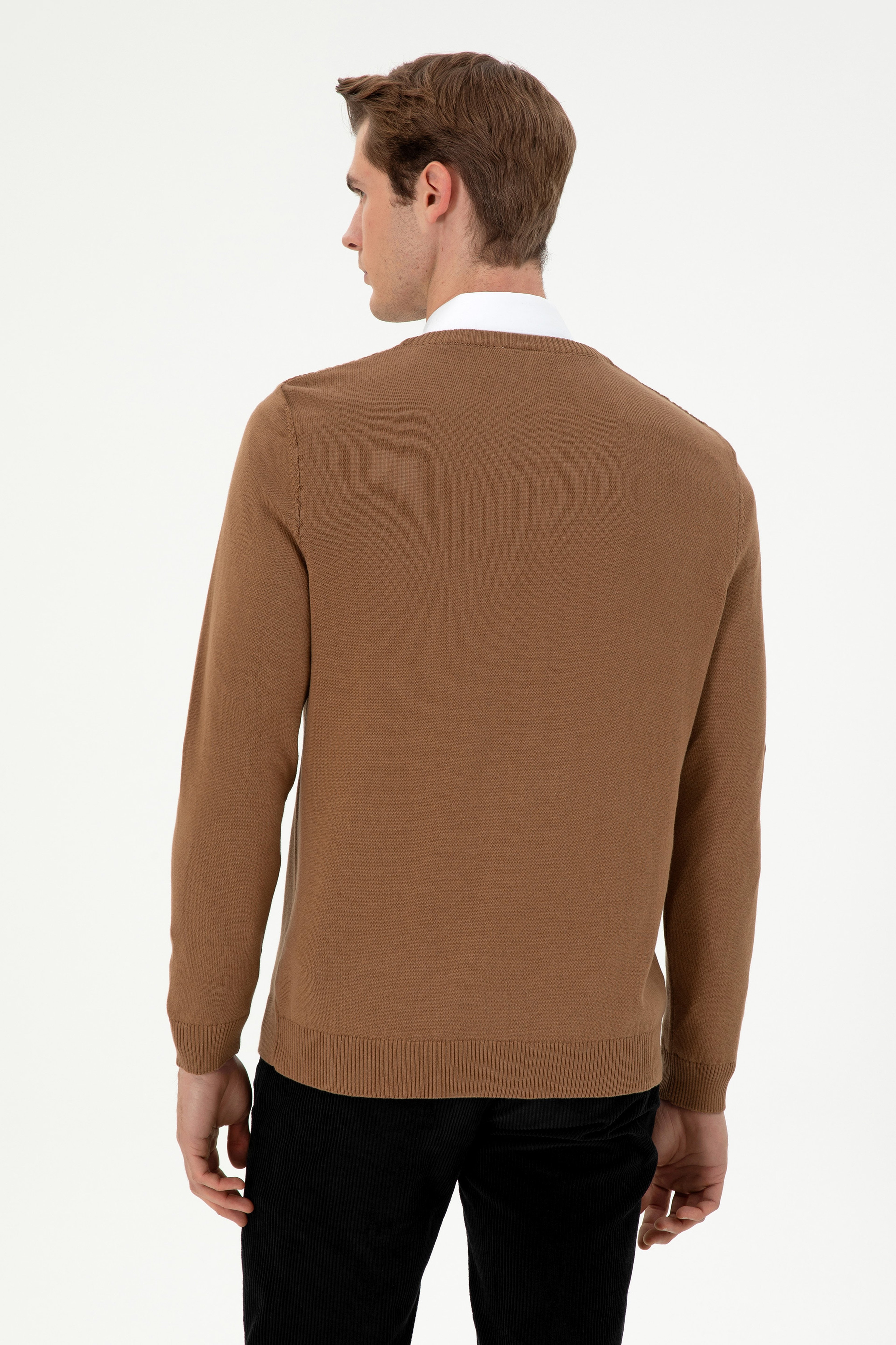 Erkek Slim Fit V Yaka Haki Melanj Kazak