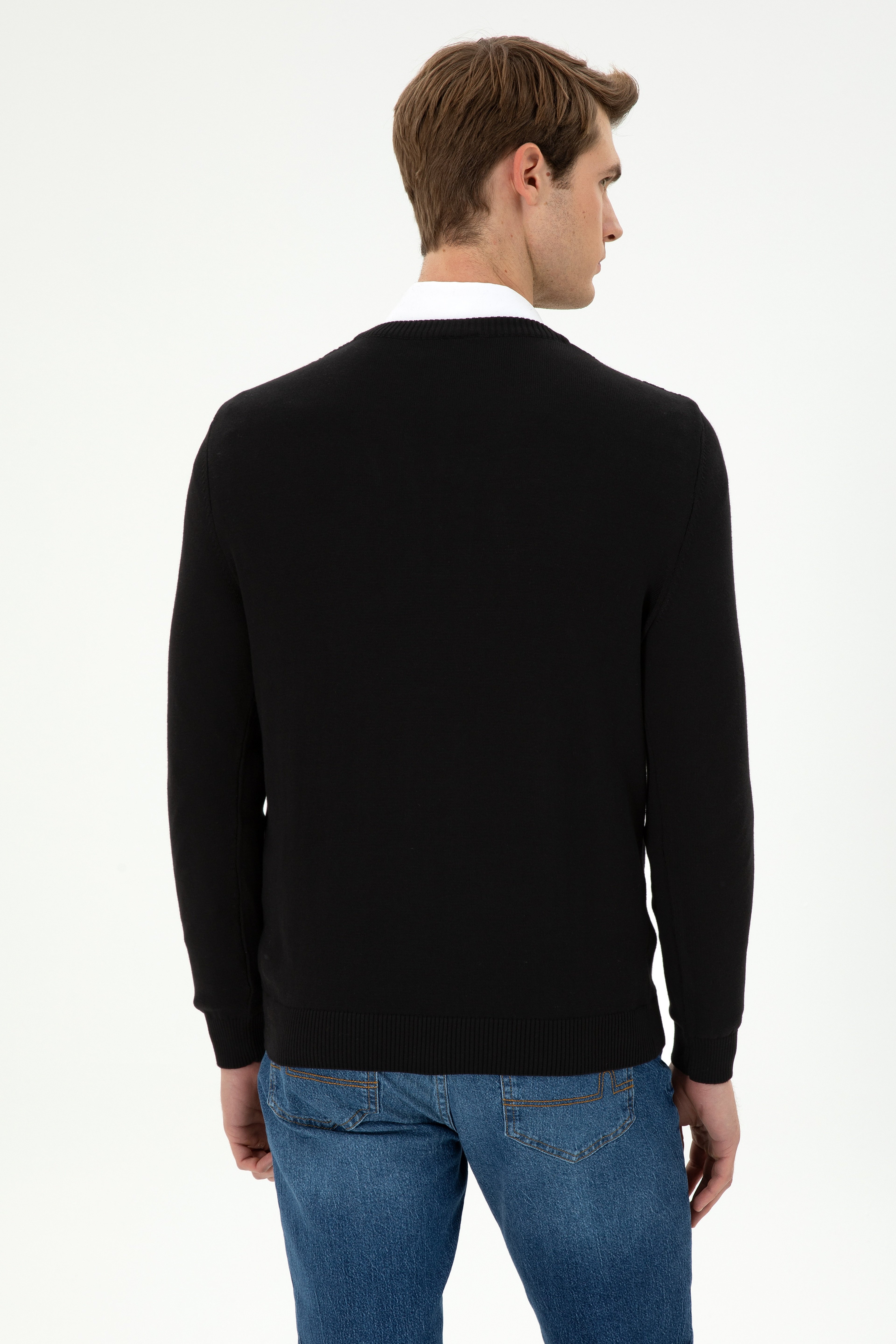 Erkek Slim Fit V Yaka Siyah Kazak - Image 5