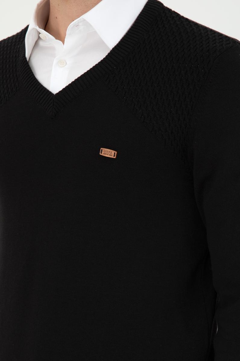 Erkek Slim Fit V Yaka Siyah Kazak