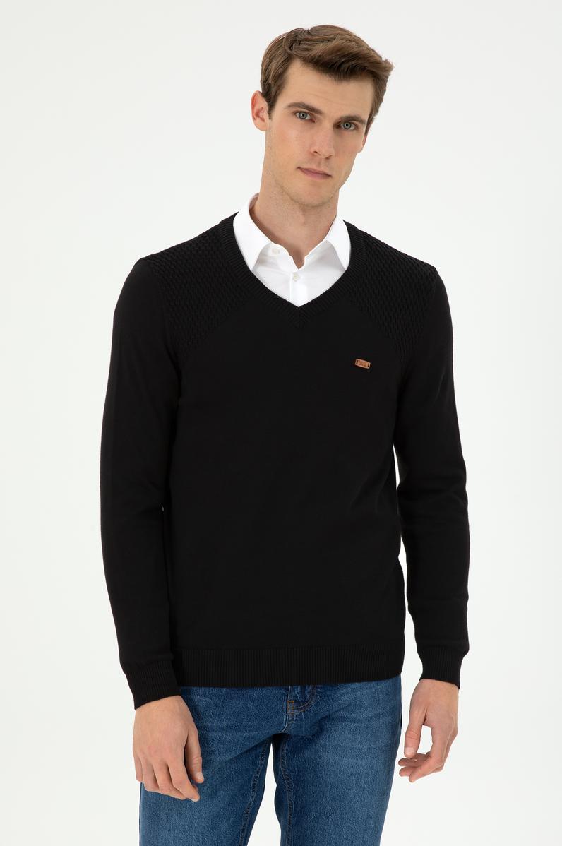 Erkek Slim Fit V Yaka Siyah Kazak