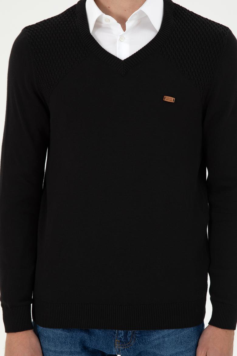 Erkek Slim Fit V Yaka Siyah Kazak - 50297063032