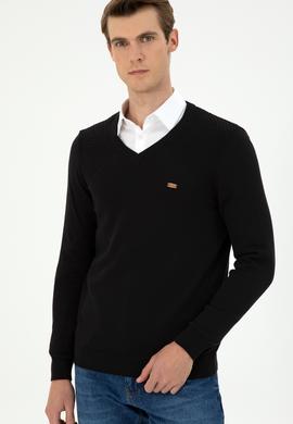 Erkek Slim Fit V Yaka Siyah Kazak - 50297063032