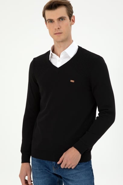 Erkek Slim Fit V Yaka Siyah Kazak