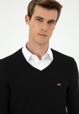 Erkek Slim Fit V Yaka Siyah Kazak - 50297063032