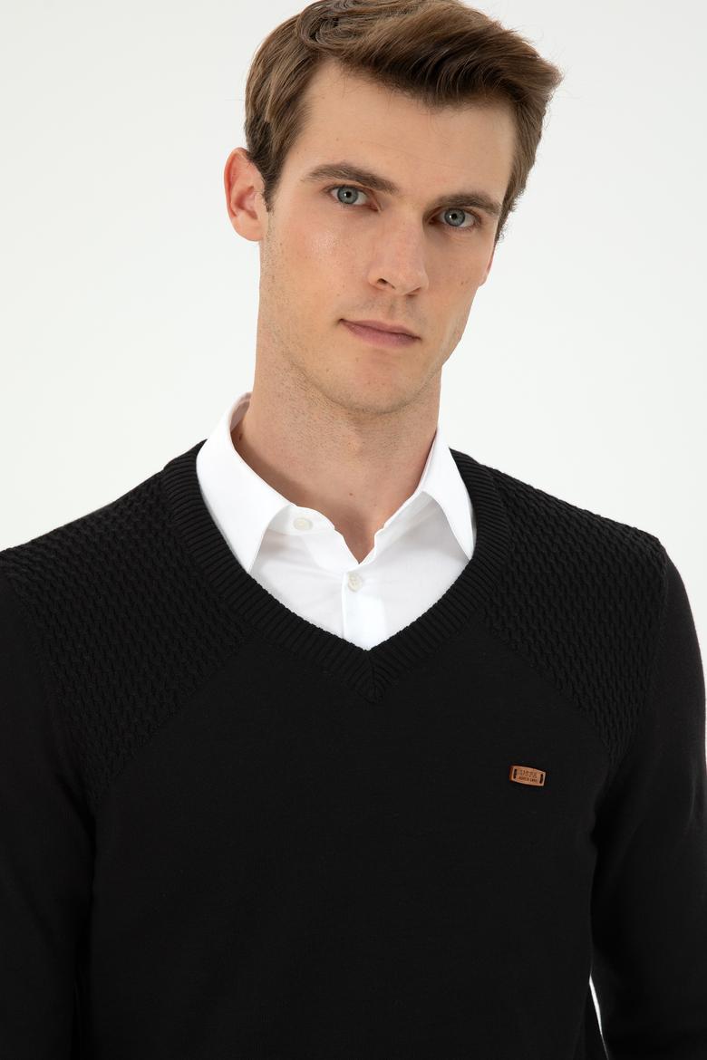 Erkek Slim Fit V Yaka Siyah Kazak - 50297063032
