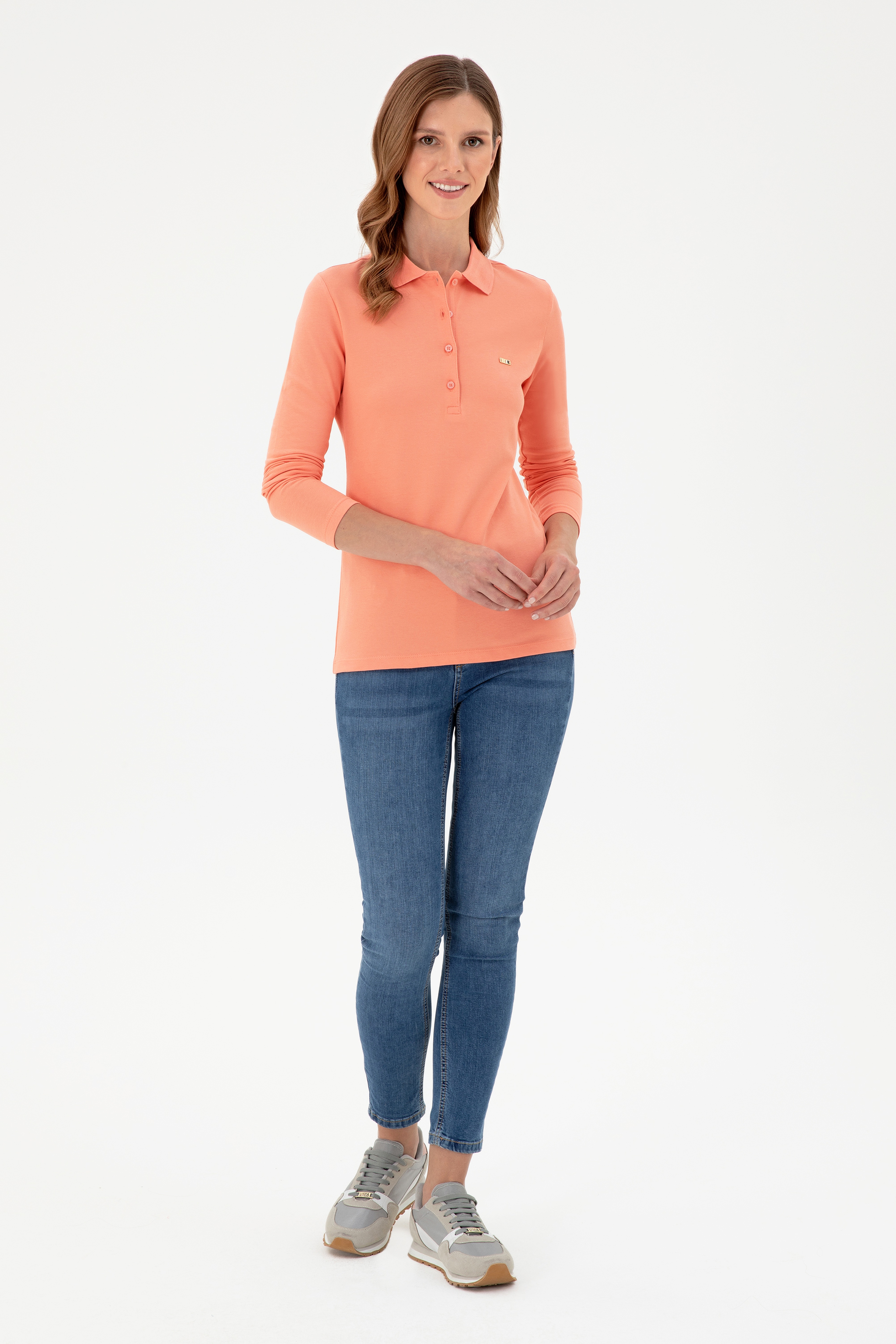 Kadın Somon Basic Polo Yaka Sweatshirt