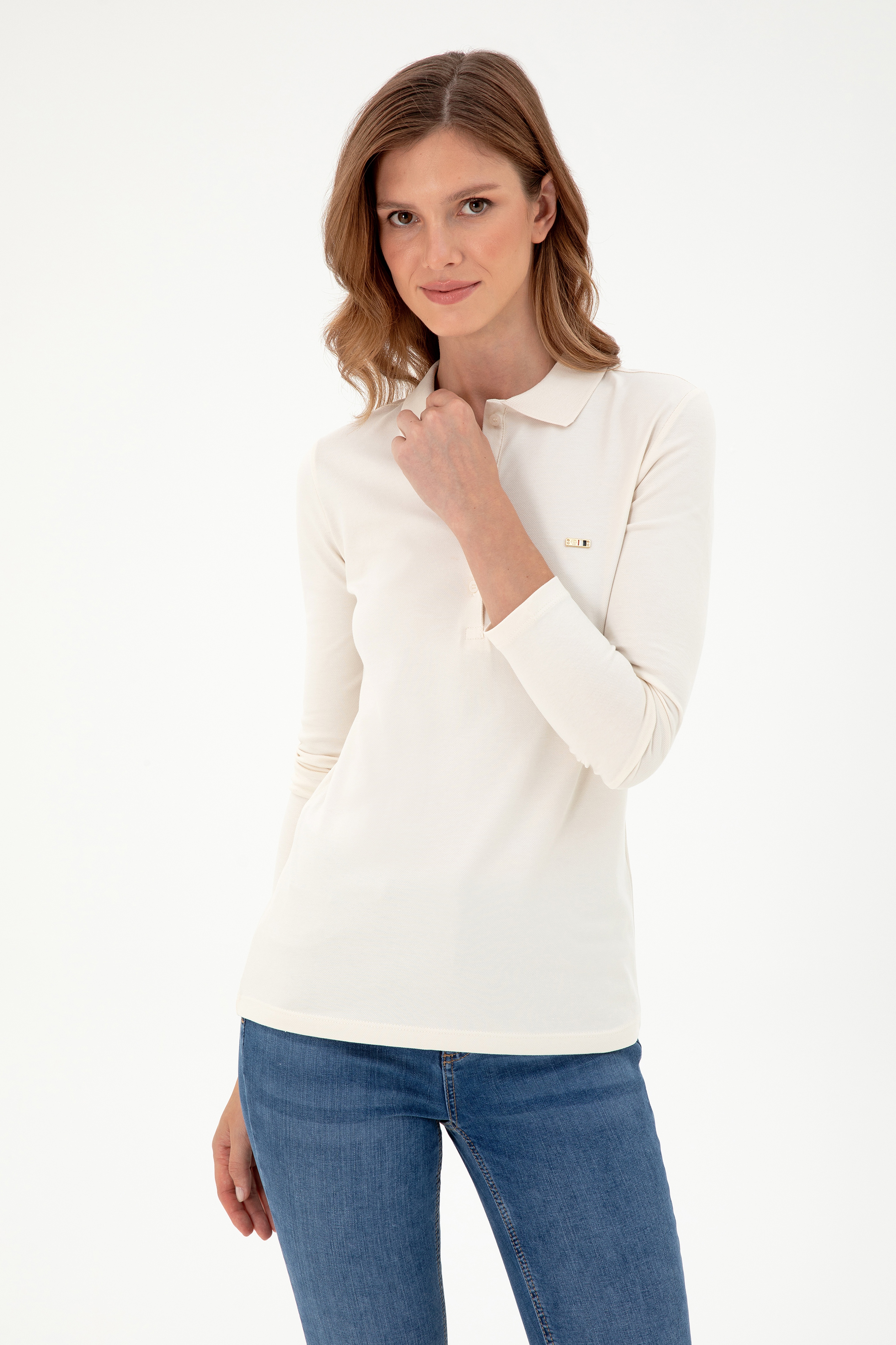Kadın Krem Basic Polo Yaka Sweatshirt - Image 3