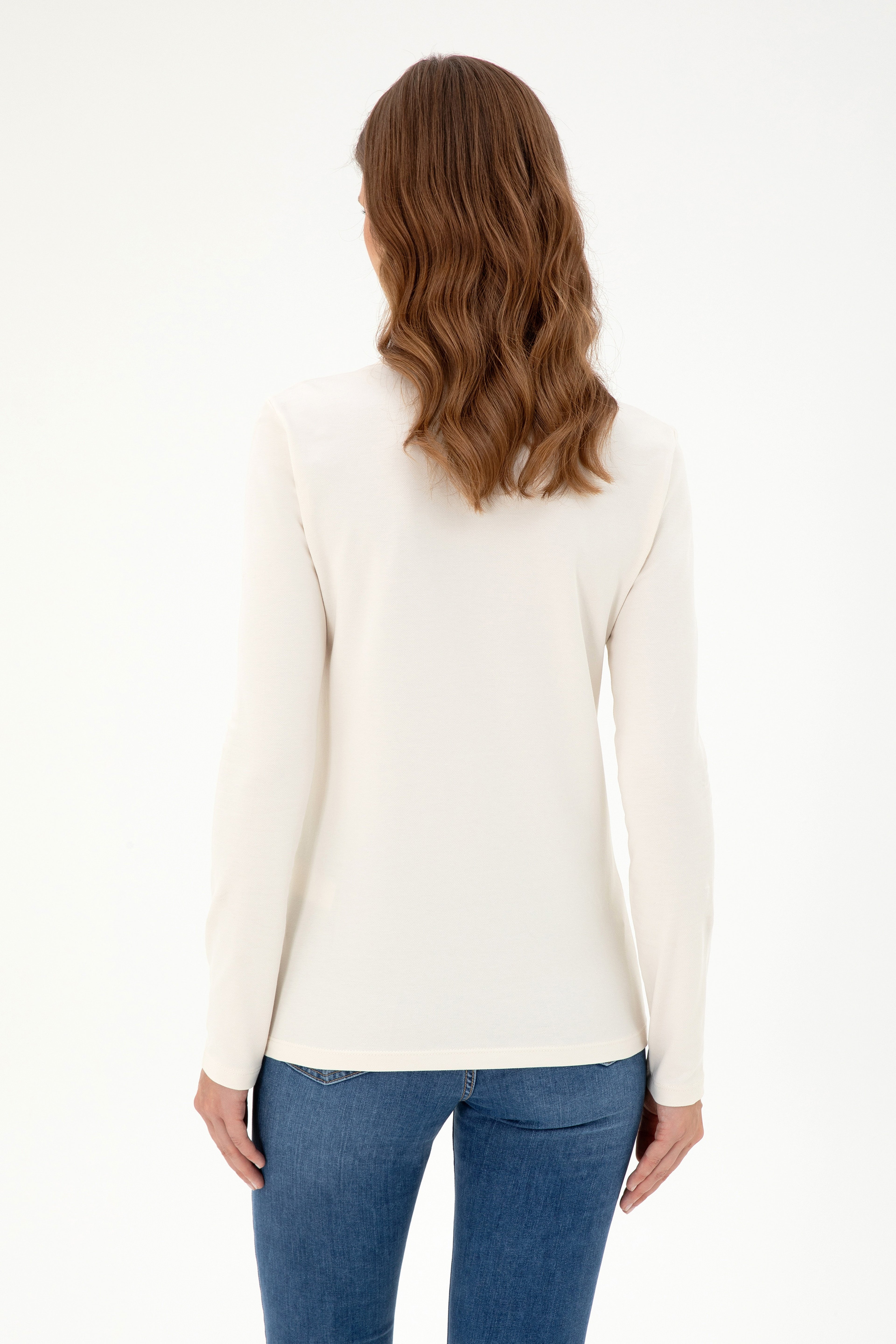 Kadın Krem Basic Polo Yaka Sweatshirt - Image 5