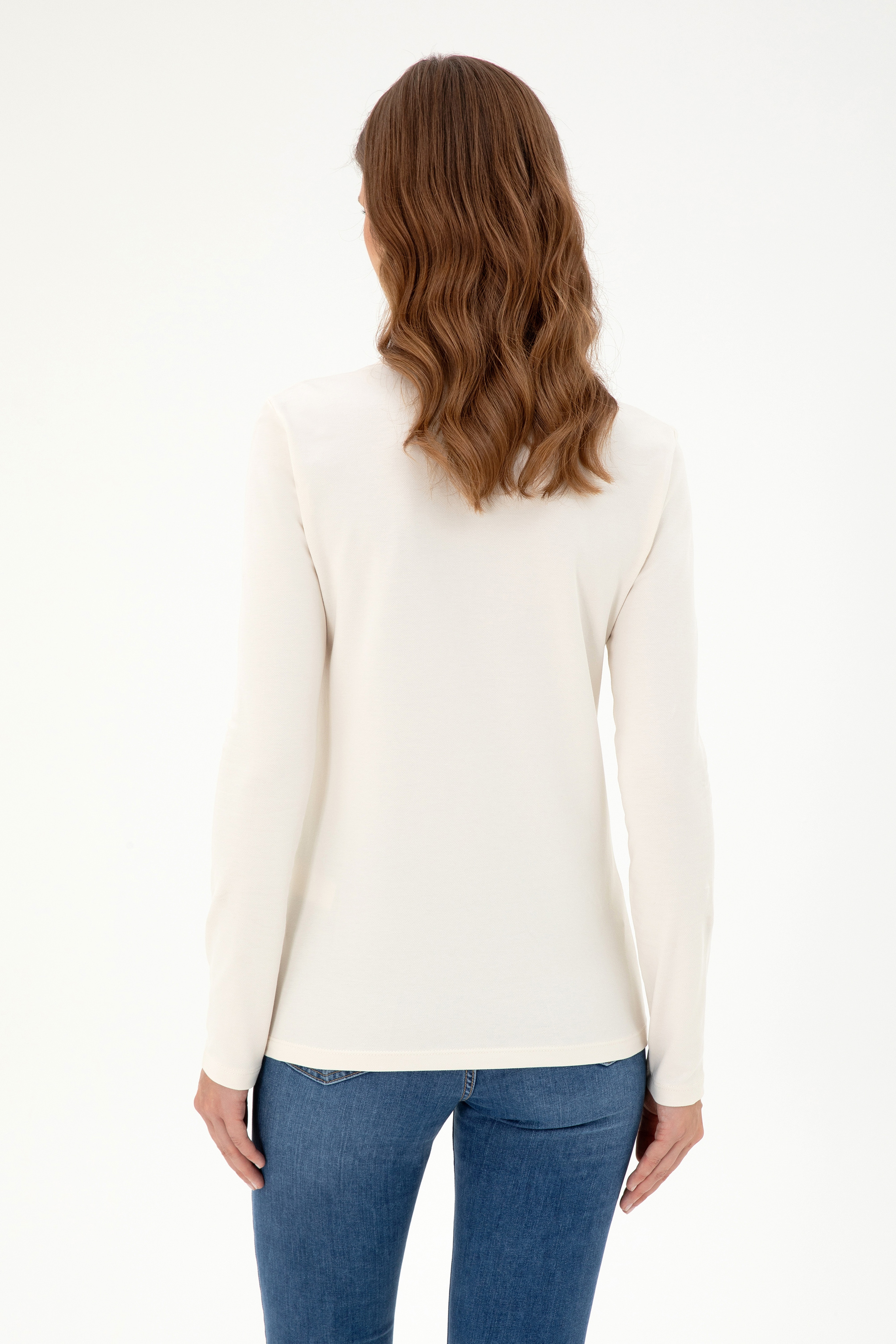Kadın Krem Basic Polo Yaka Sweatshirt