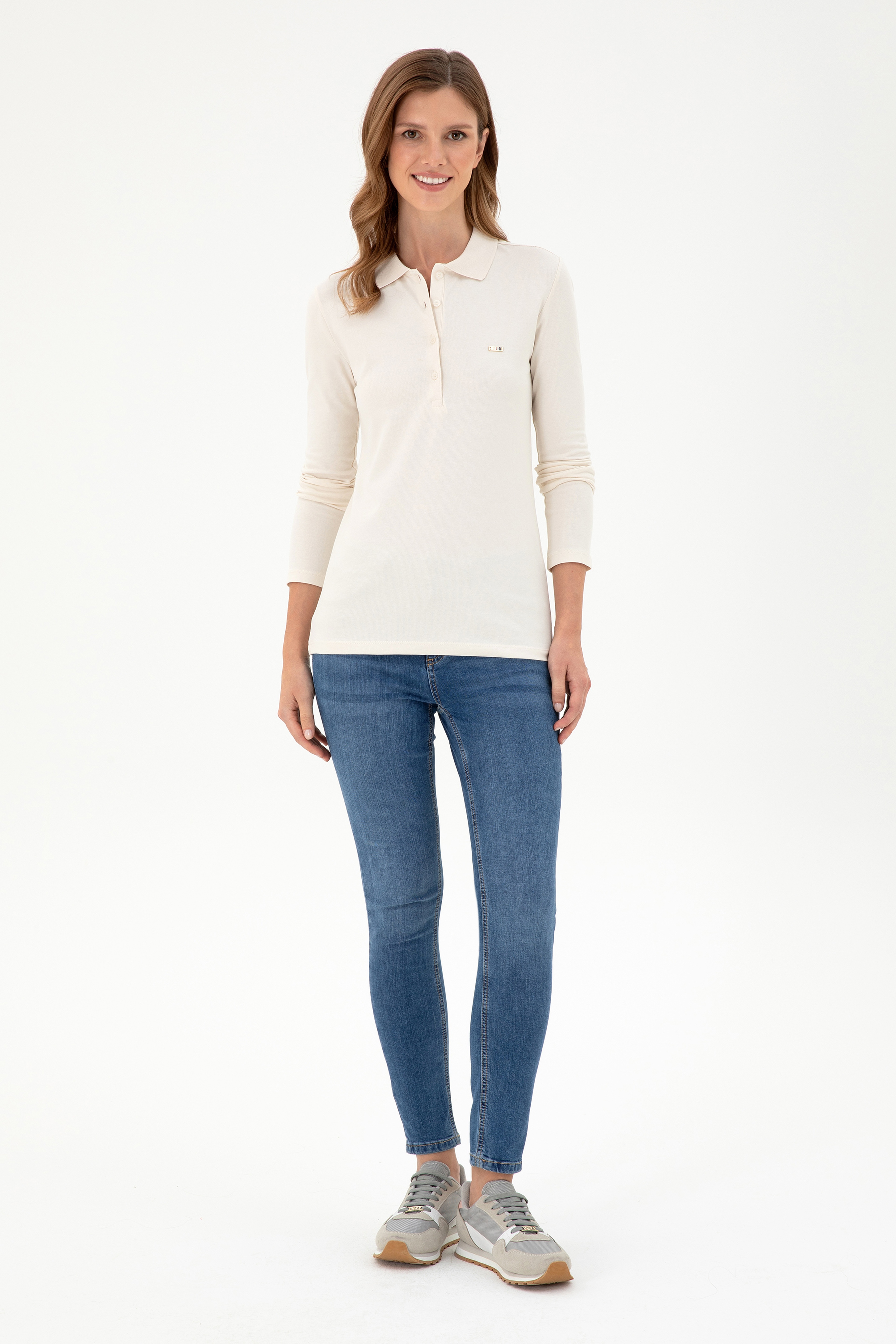 Kadın Krem Basic Polo Yaka Sweatshirt - Image 4