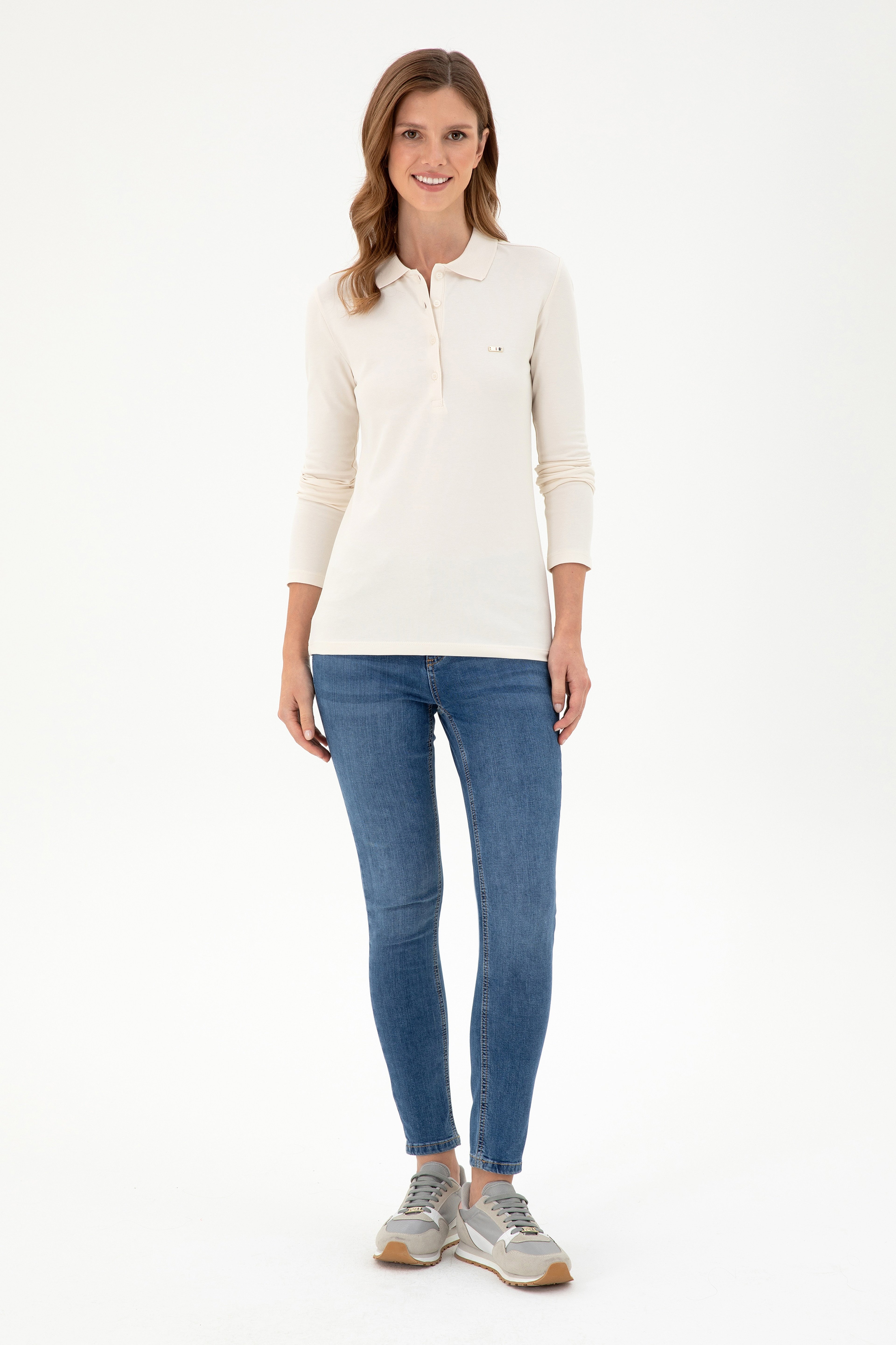 Kadın Krem Basic Polo Yaka Sweatshirt
