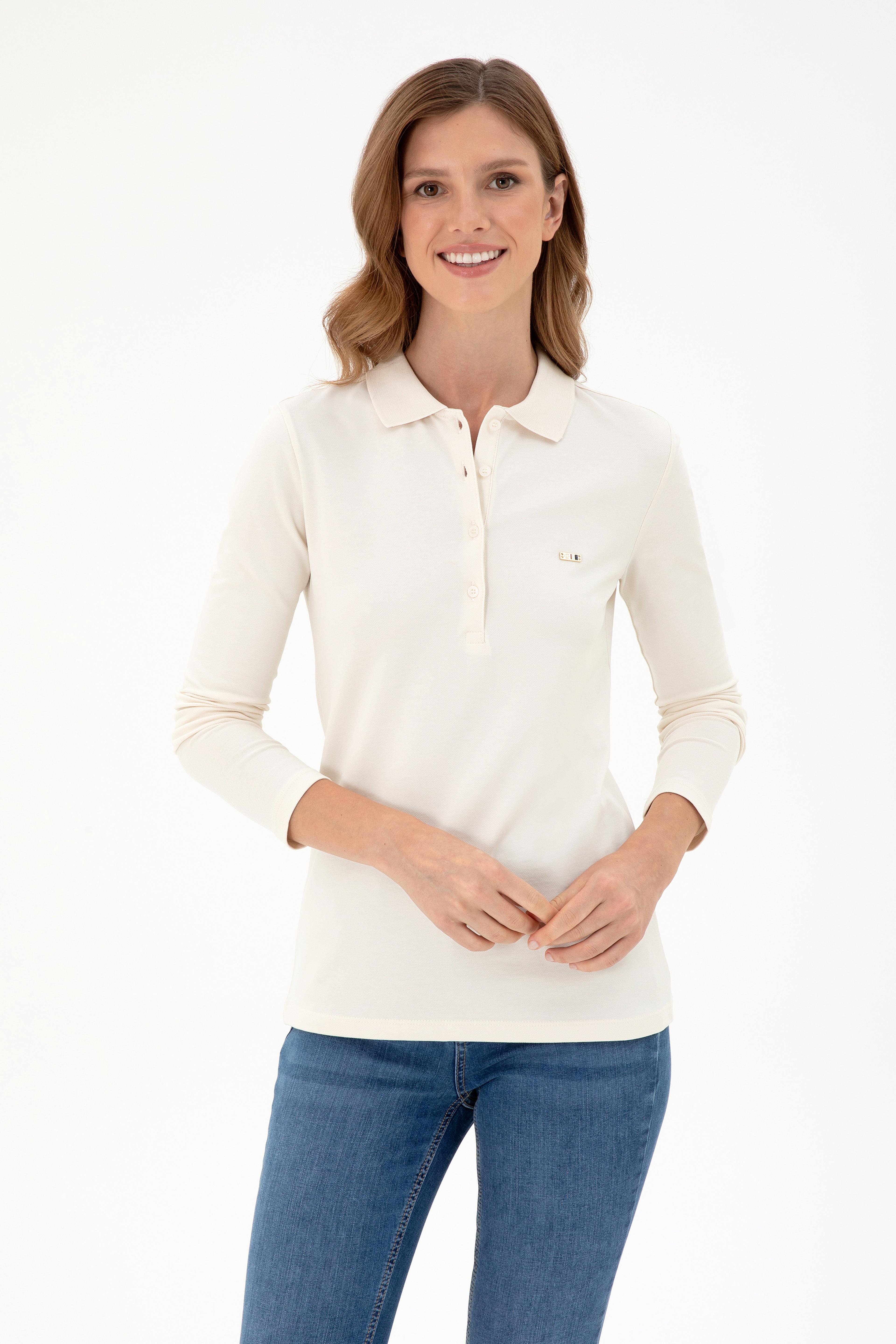 Kadın Krem Basic Polo Yaka Sweatshirt - Image 1