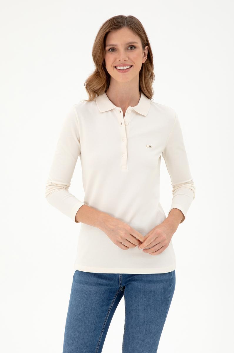 Kadın Krem Basic Polo Yaka Sweatshirt