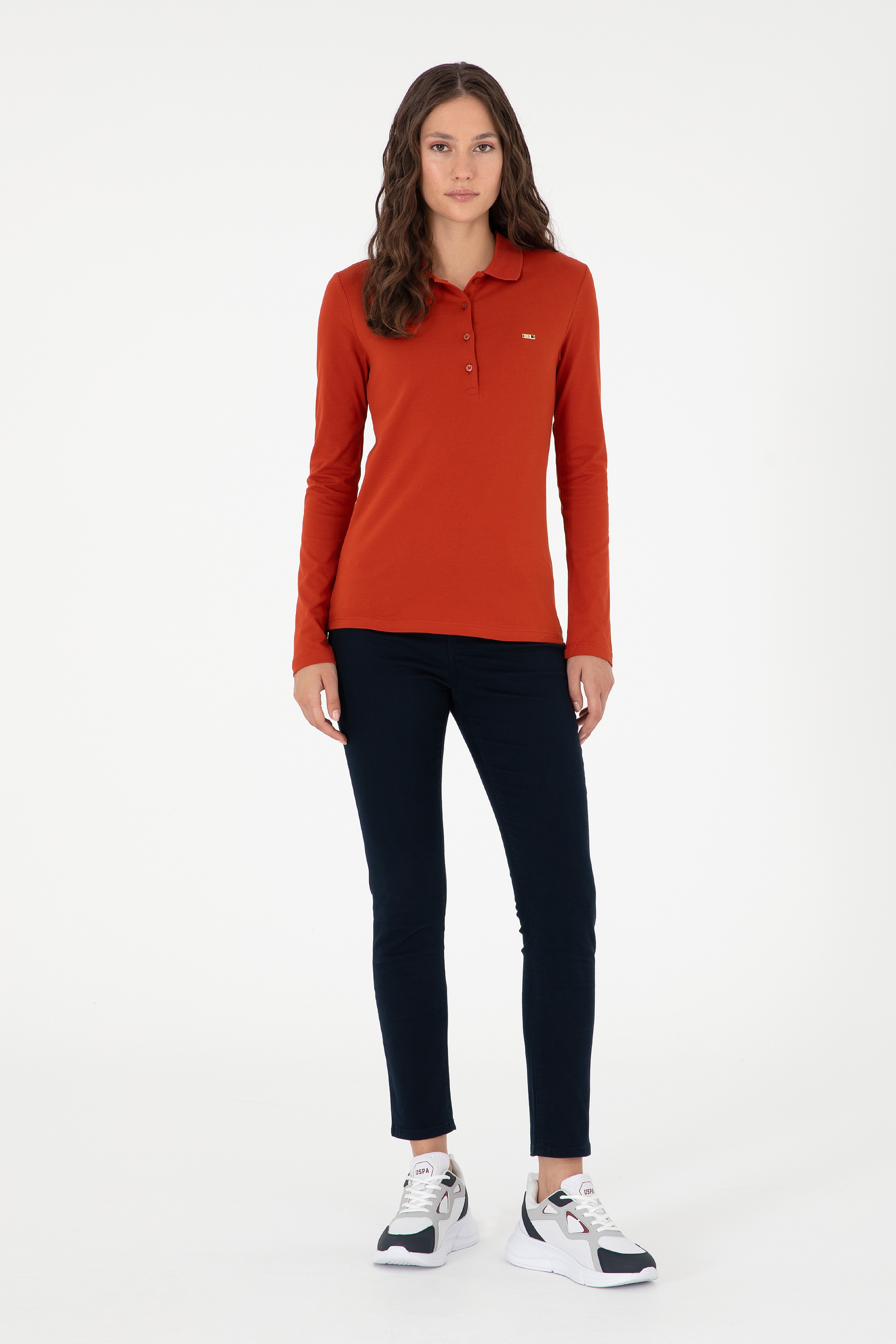 Kadın Kiremit Basic Polo Yaka Sweatshirt