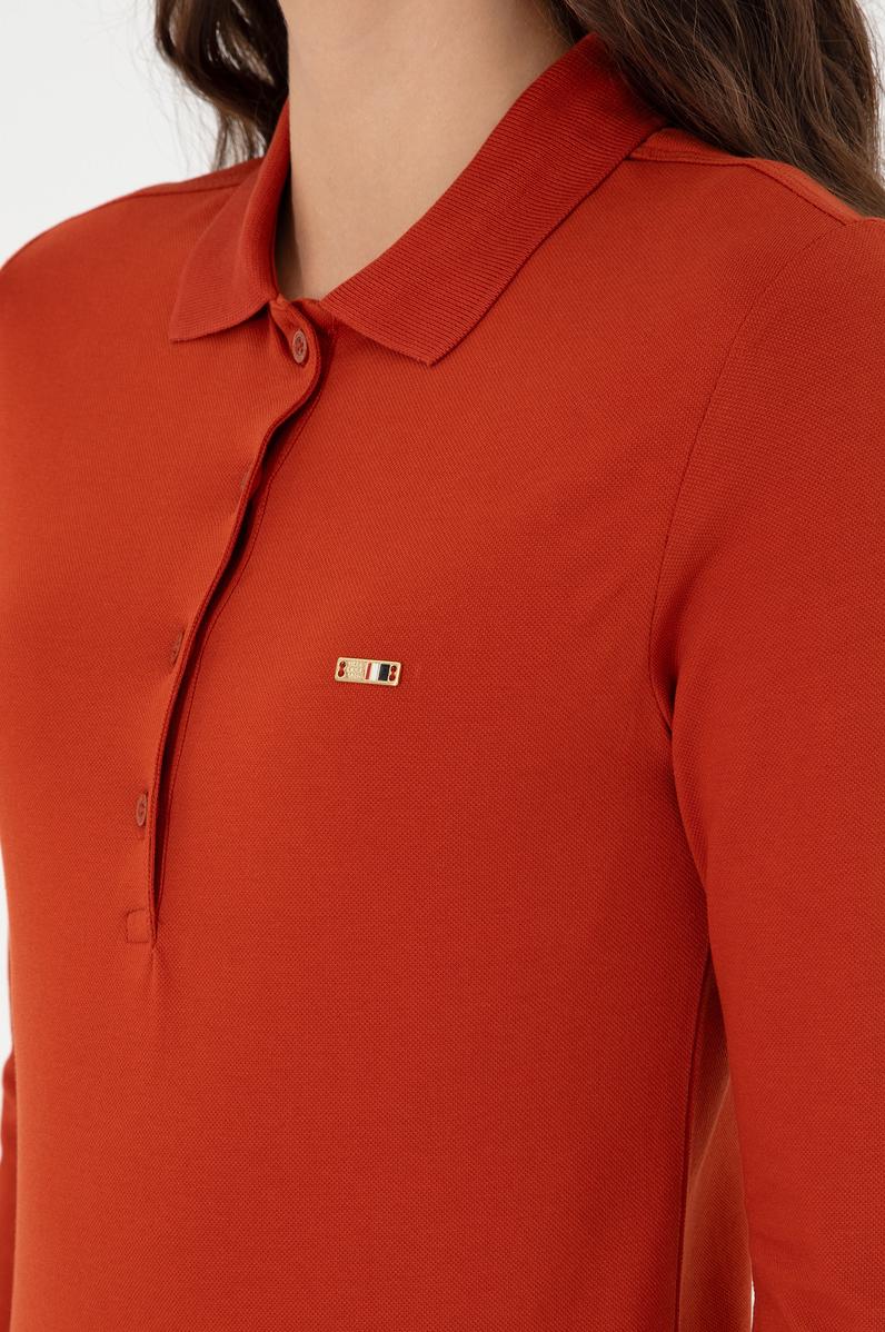 Kadın Kiremit Basic Polo Yaka Sweatshirt