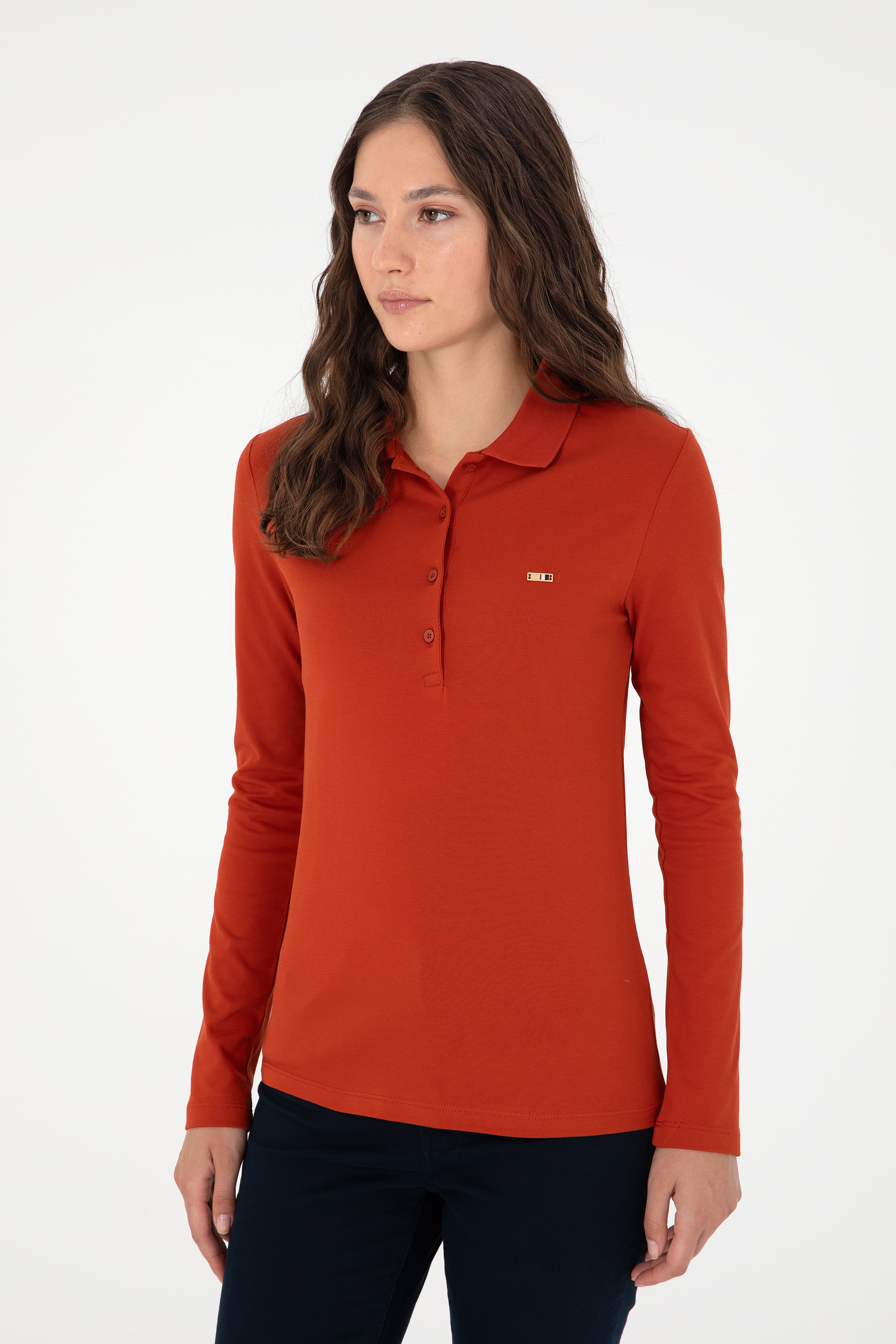 Kadın Kiremit Basic Polo Yaka Sweatshirt - Image 3