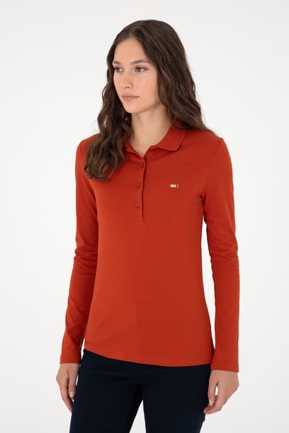 Kadın Kiremit Basic Polo Yaka Sweatshirt