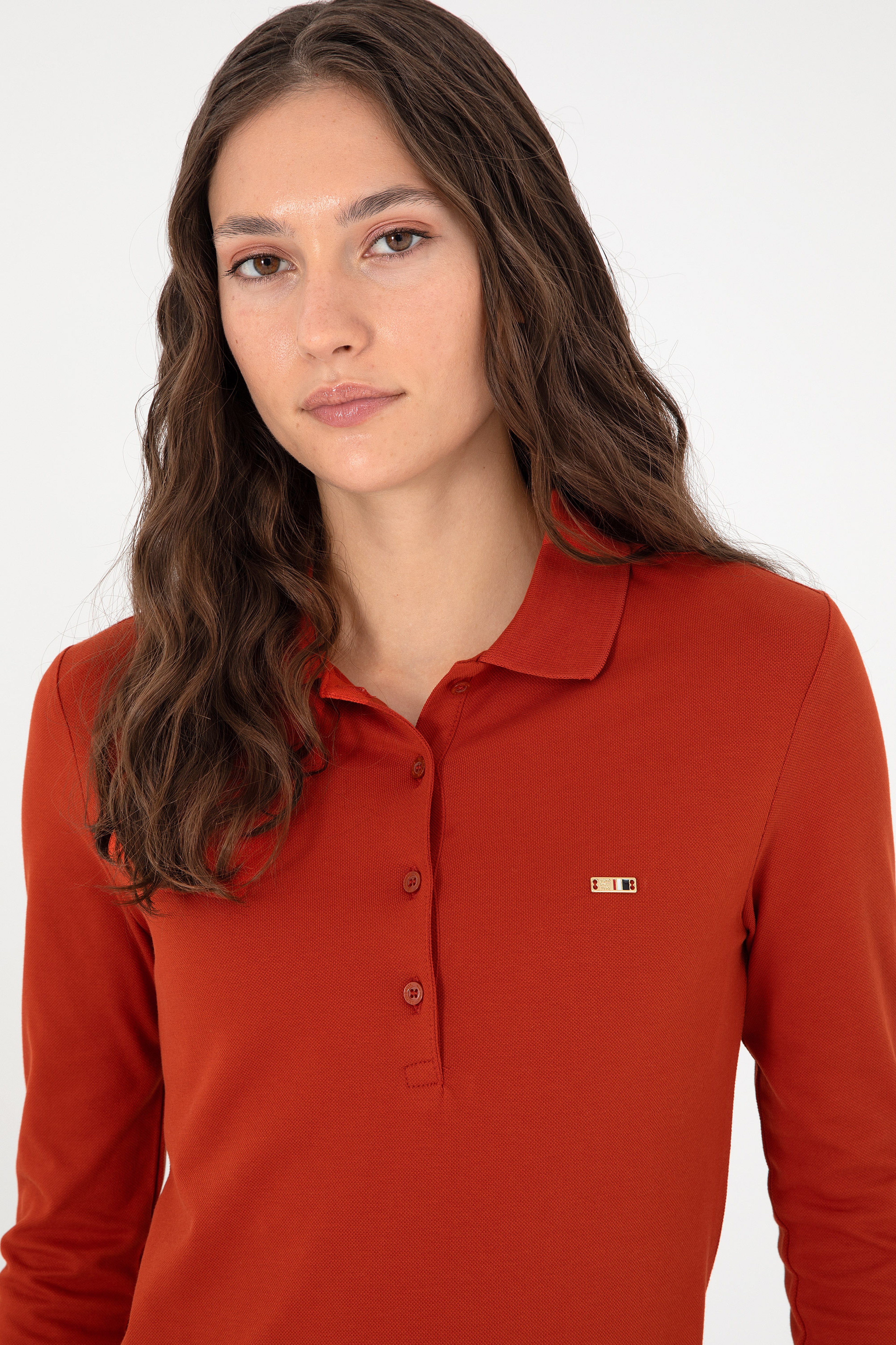 Kadın Kiremit Basic Polo Yaka Sweatshirt - Image 2