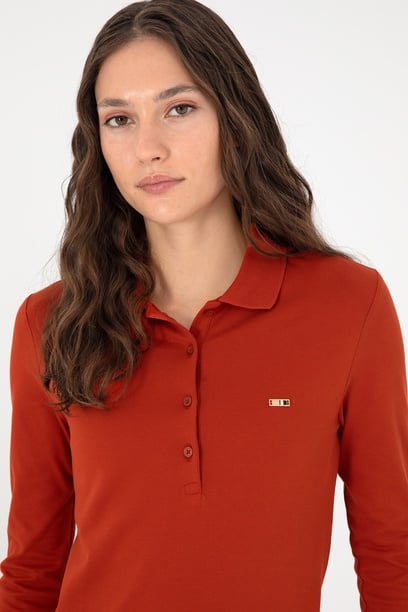 Kadın Kiremit Basic Polo Yaka Sweatshirt