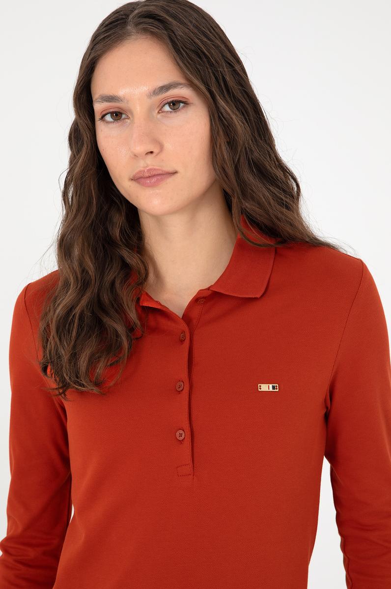 Kadın Kiremit Basic Polo Yaka Sweatshirt