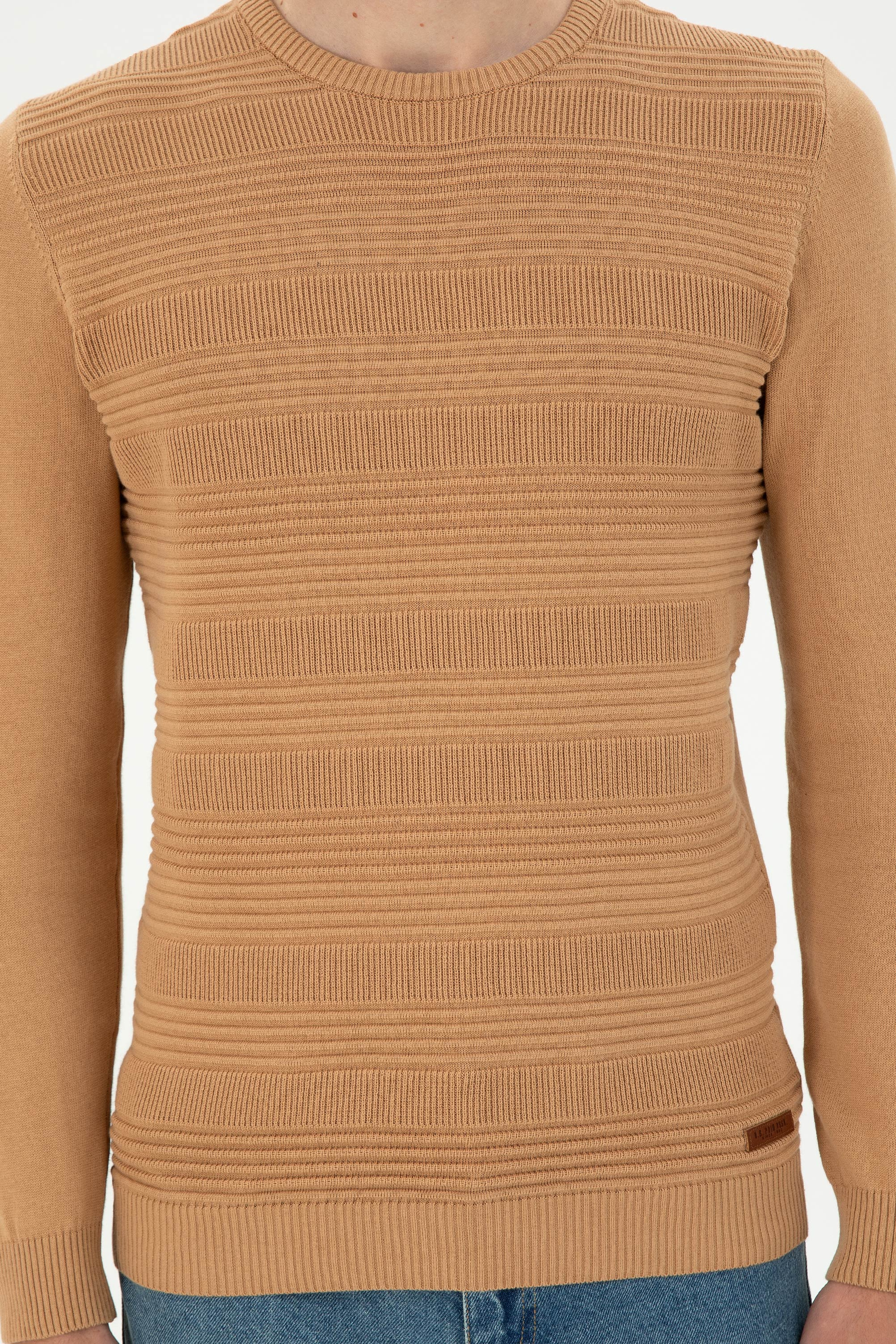 Erkek Slim Fit Bisiklet Yaka Camel Kazak