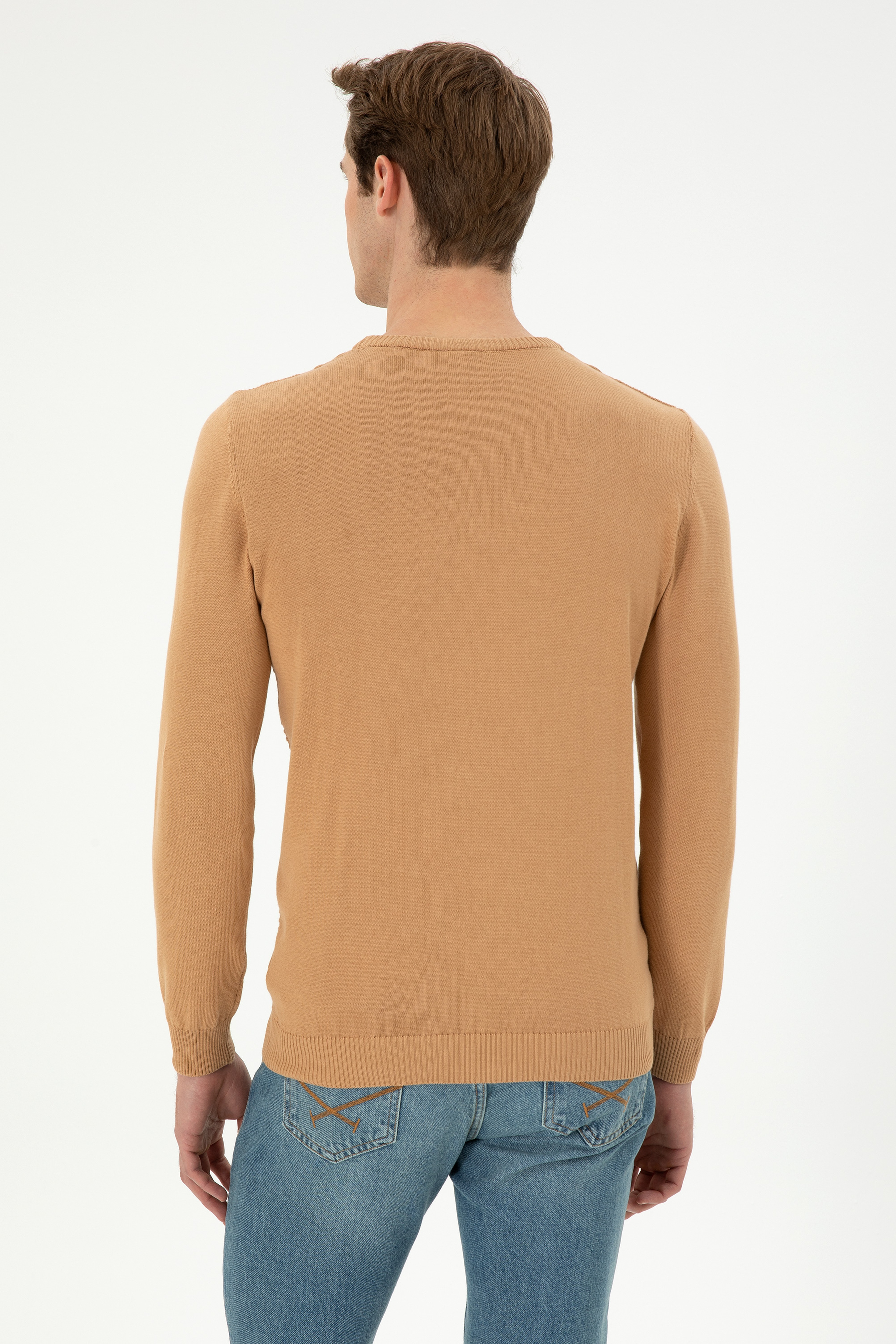 Erkek Slim Fit Bisiklet Yaka Camel Kazak - Image 5