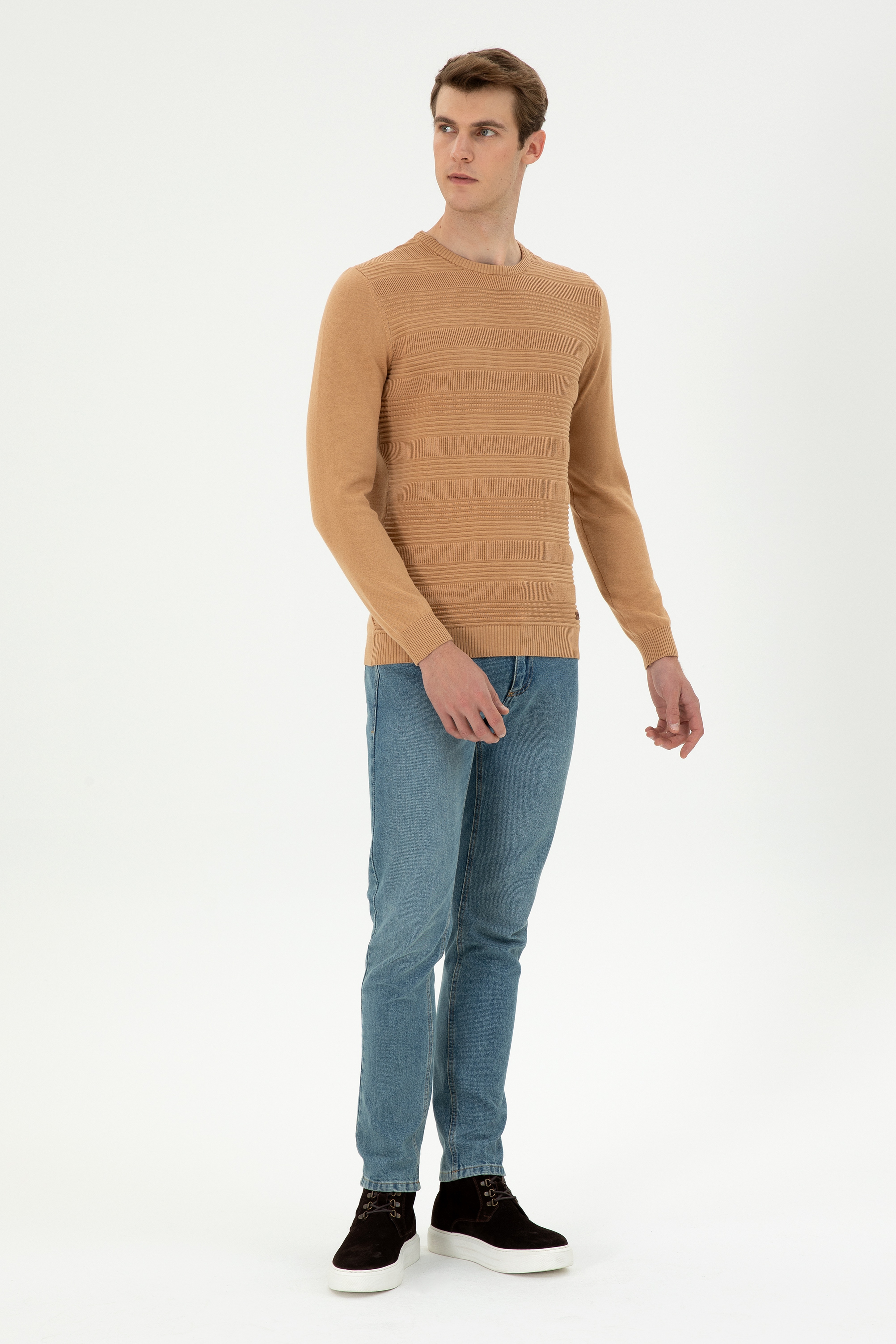 Erkek Slim Fit Bisiklet Yaka Camel Kazak - Image 4
