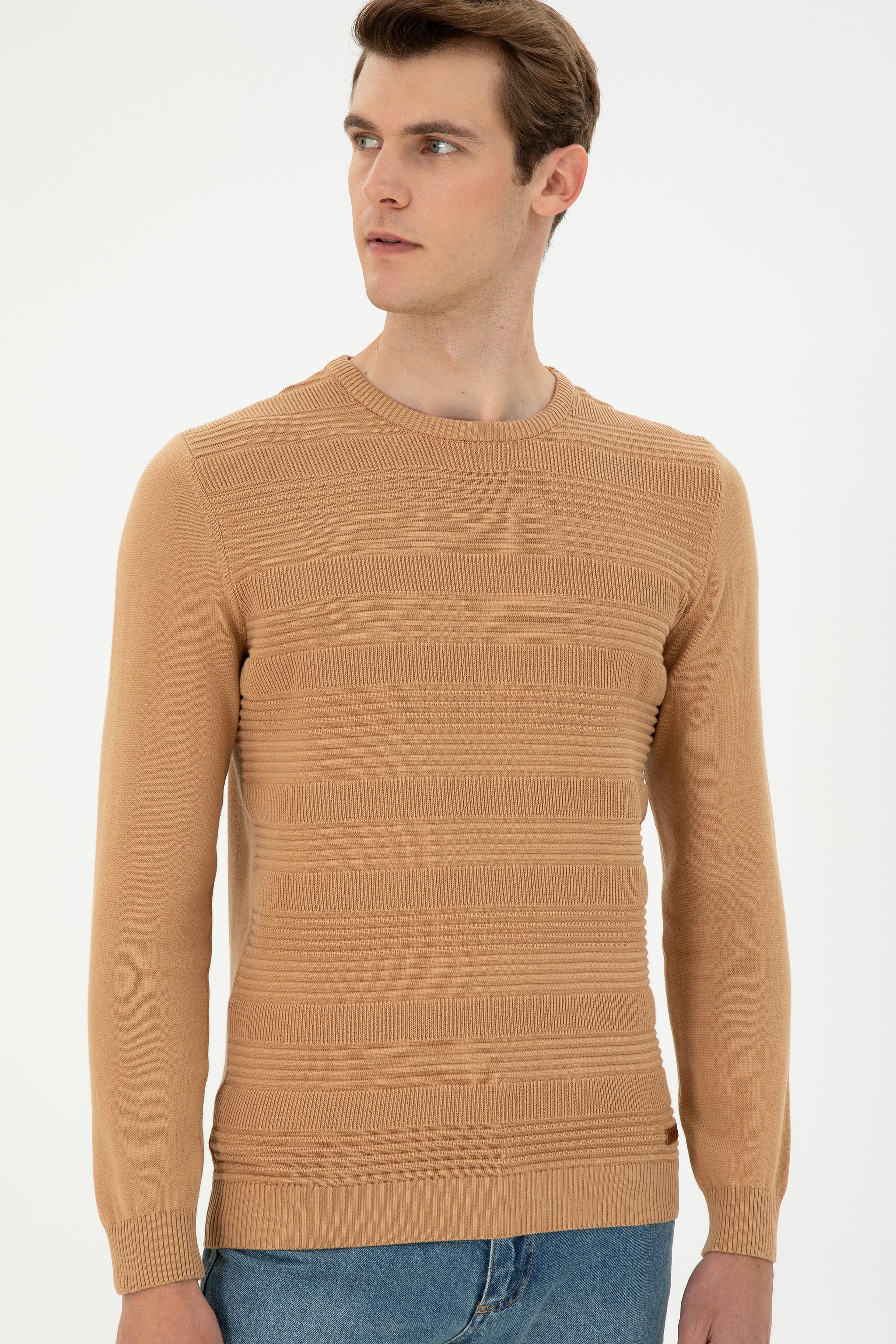 Erkek Slim Fit Bisiklet Yaka Camel Kazak
